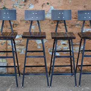 Reclaimed Barn Wood Bar Stools, Set of 4, Steel Backs, Handmade USA
