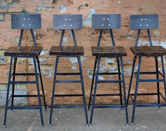 Urban Bar Stools Set Of (4) with Steel Backs ,Made from Reclaimed Barn wood ,Choose your Height,And Finish,Custom orders Welcome made in USA