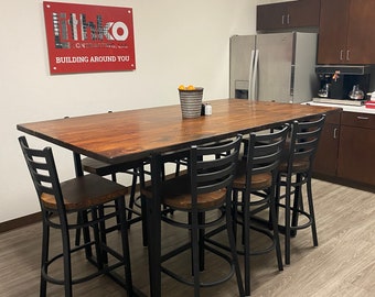 Handmade Reclaimed Wood Bar Height Table, Square Steel Base