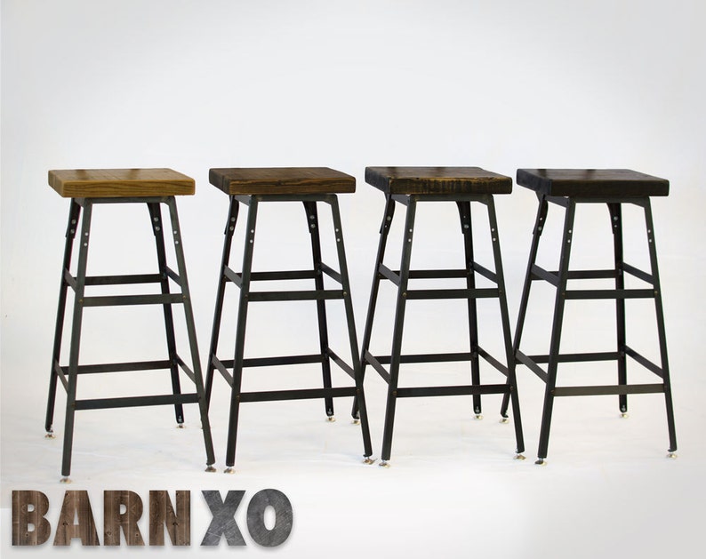 Reclaimed Wood and Steel Industrial set of 3 Bar Stools. Choose from wood finish and size image 2