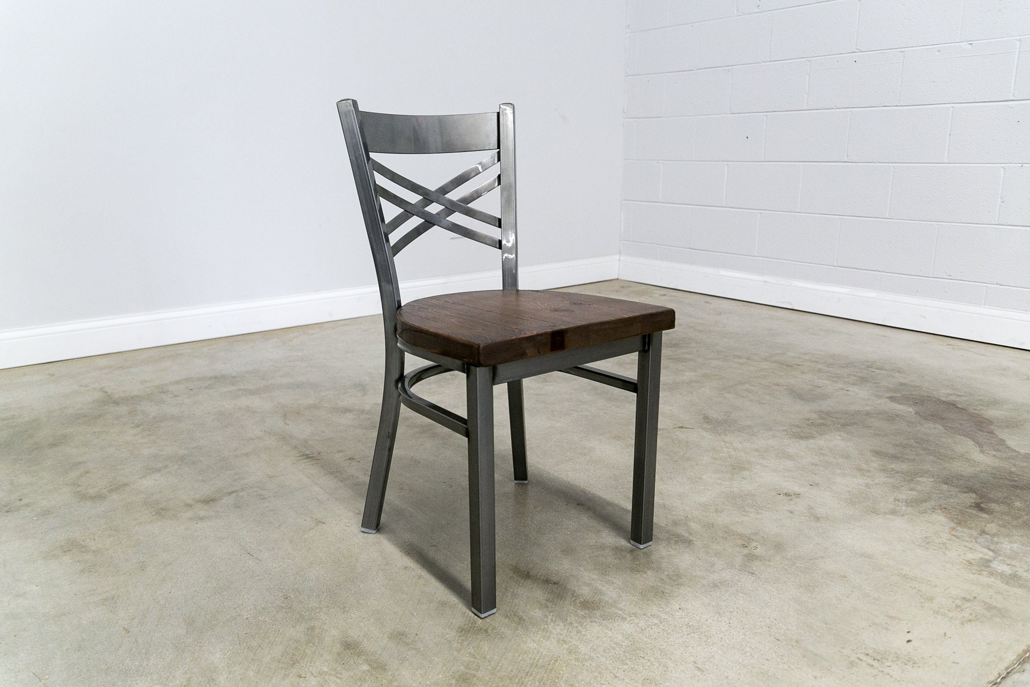 Chair in Gun Metal Gray Metal Finish X Back Metal Reclaimed Wood