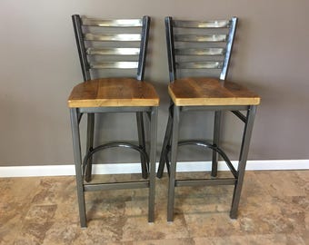 Reclaimed Bar Stool| Set of 2 |30" seat Height| In Gun Metal Gray Metal Finish | Ladder Back Metal | Restaurant Grade -30 Inch High Barstool