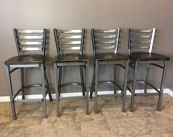 A Set Of 4 Reclaimed Bar Stools| In Gun Metal Gray Metal Finish | Ladder Back Metal | Restaurant Grade -30 Inch High Barstool