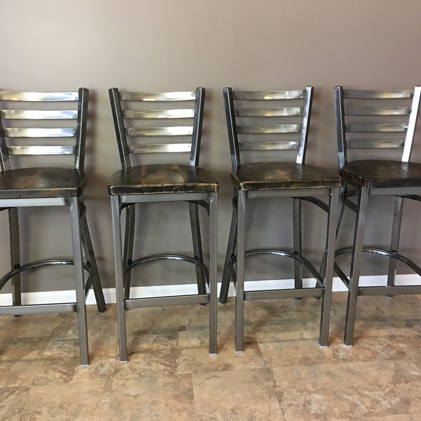A Set Of 4 Reclaimed Bar Stools| In Gun Metal Gray Metal Finish | Ladder Back Metal | Restaurant Grade -30 Inch High Barstool