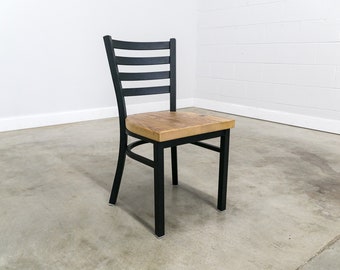 Ladder Back Chair with reclaimed Wood Seat| Flat Black Metal Finish | Restaurant Grade -Fast Shipping