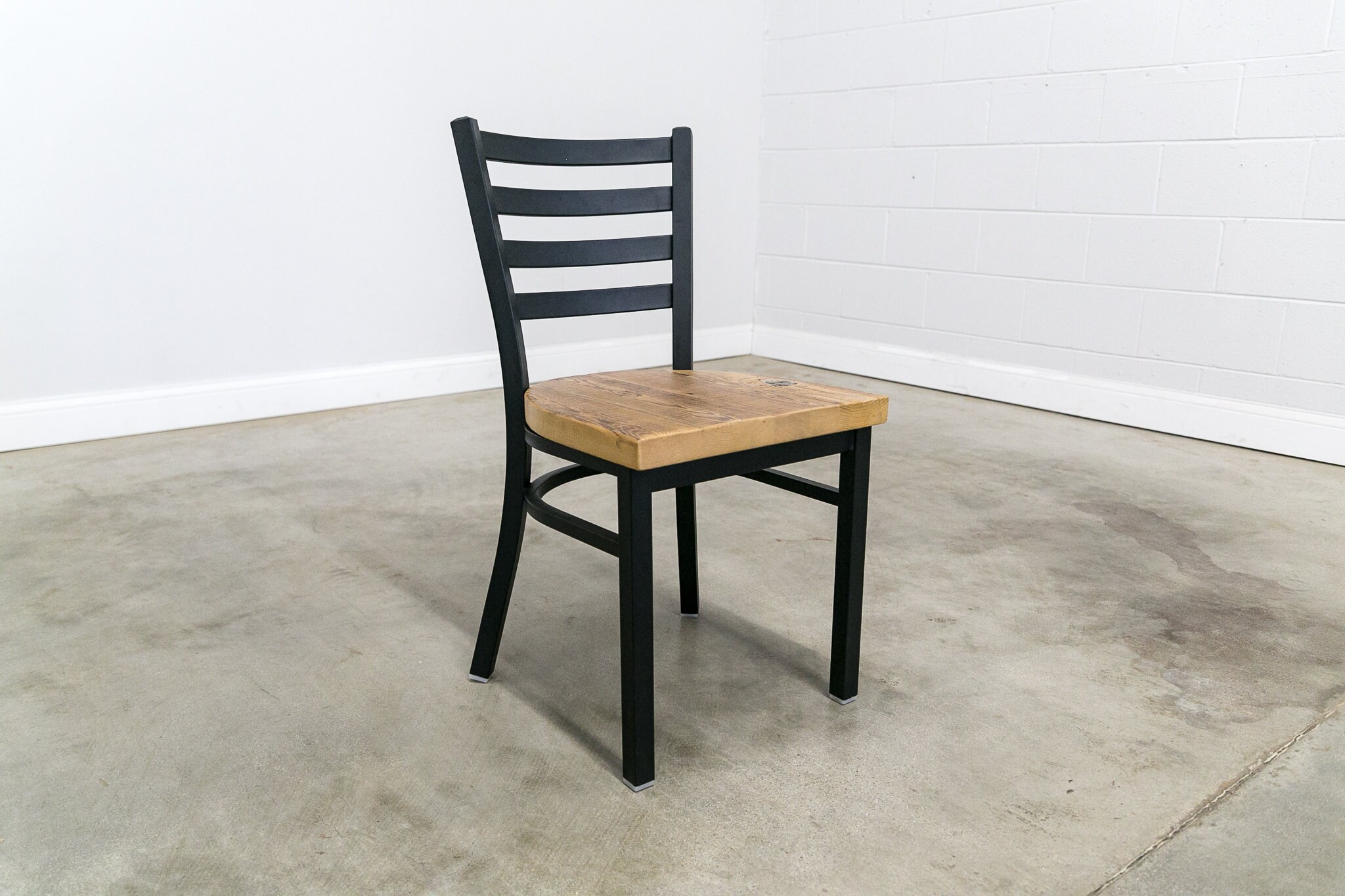 Ladder Back Chair With Reclaimed Wood Seat Flat Black Metal Finish