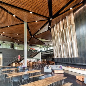 May include: A modern office space with a large, open floor plan. The ceiling is made of wood and has a geometric design. There are several tables and chairs in the space, as well as a large fireplace. The space is decorated with plants and other natural elements.