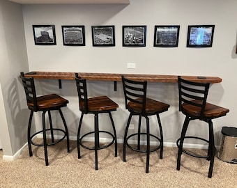 Set of 3 Swivel Bar Stool Black Metal Finish | Ladder Back Metal | Restaurant Grade - Reclaimed Wood Seat Counter height or Bar Height