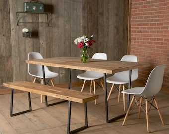 Handmade Reclaimed Wood Dining Table, Modern Steel Base