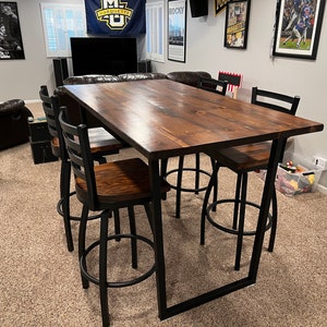 High Top Counter Height Reclaimed barn wood table with square steel Metal base Solid Wood Table