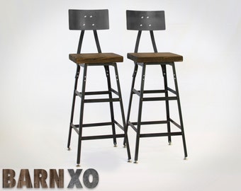 Urban Bar Stools | Reclaimed Barn Wood | Metal Backrest |Set of 2 | Choose from Size and Finish