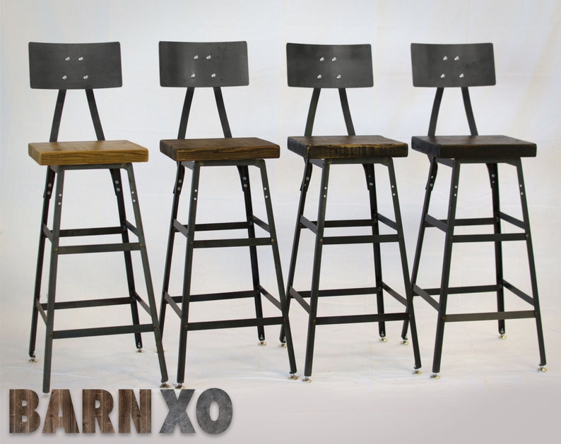 Urban Bar Stool Reclaimed Barn Wood Metal Backrest Etsy