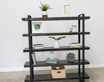 Wood Book Case  with 5 Reclaimed 2.5" solid wood |Shelfs-industrial Urban look with 2" flat Steel