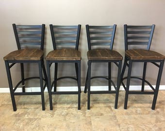 Reclaimed Bar Stool| Set of 4 | In  Black Metal Finish | Ladder Back Metal | Counter Height  -25 Inch High Barstool | Free Shipping