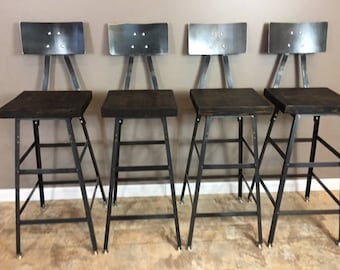 Reclaimed Urban  Bar Stools Set Of (4) with Steel Backs -Modern Salvaged Barn wood, Choose Size and Finish