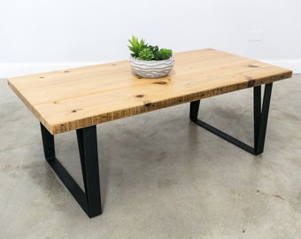 Custom Coffee Table with 1.5" thick reclaimed table top and painted steel base