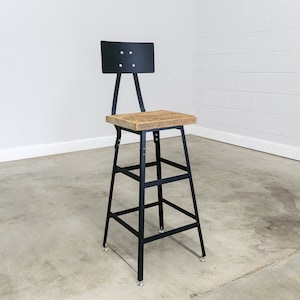 Reclaimed Wood Industrial Bar Stool, Handmade Steel Frame