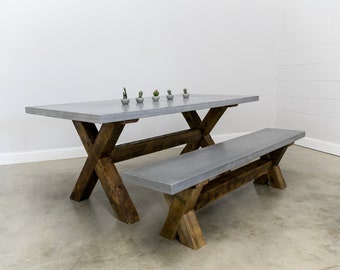 Concrete Table With Matching Bench  | Reclaimed Wood Base | 2 Inch thick top