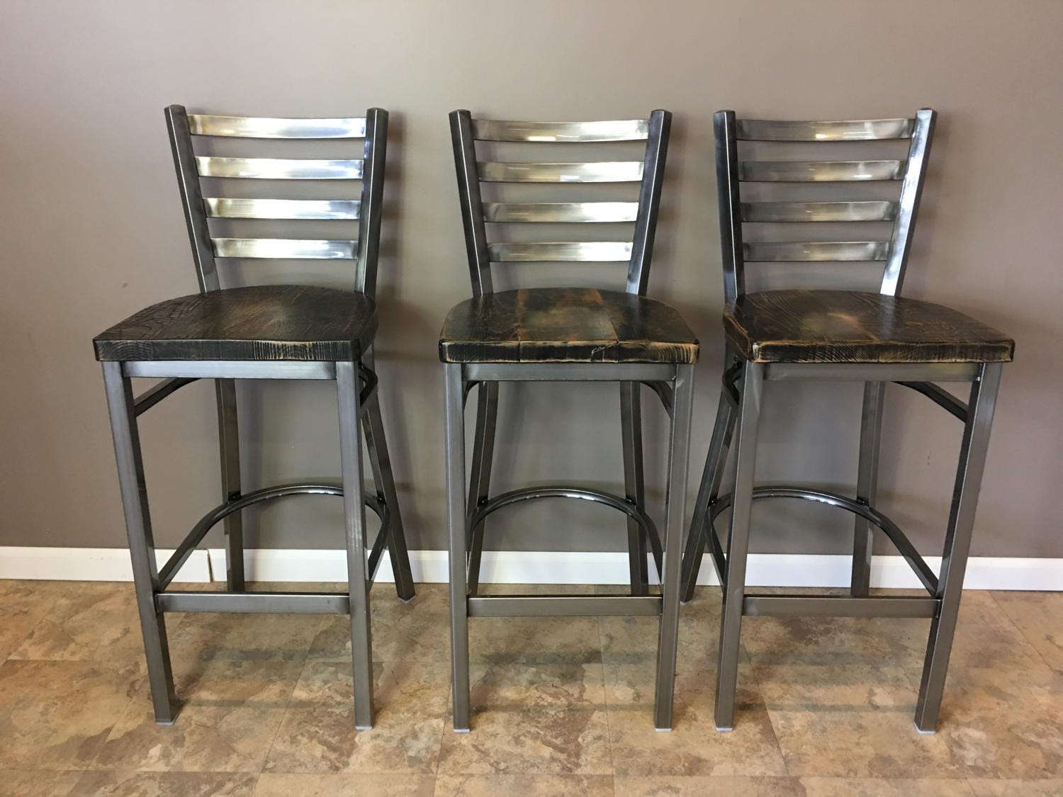Set Of 3 Reclaimed Bar Stool In Gun Metal Gray Metal Finish Etsy