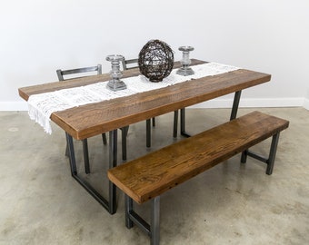Handmade Reclaimed Wood Dining Table, Modern Steel Base