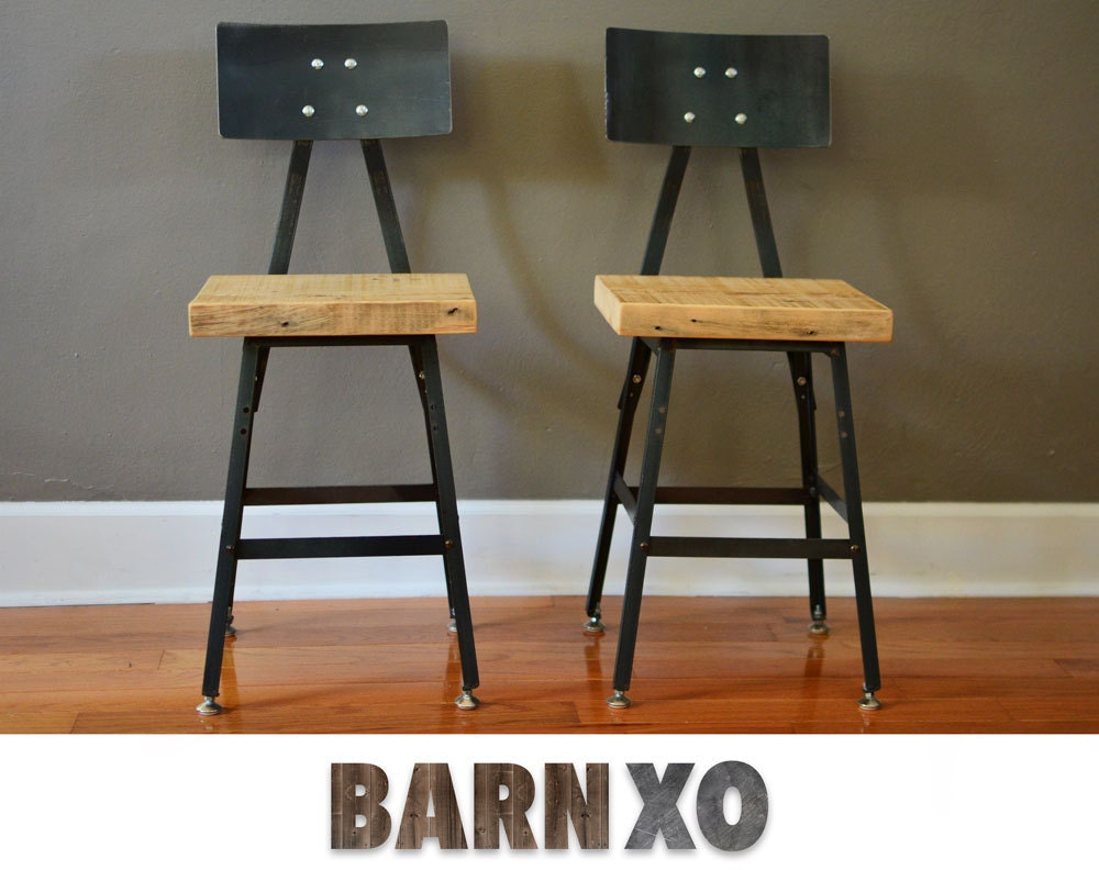 Set of Reclaimed Urban Wood Industrial Bar Stool W/ Steel Back