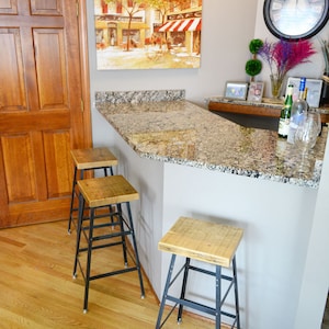 Reclaimed Wood and Steel Industrial set of 3 Bar Stools. Choose from wood finish and size image 1