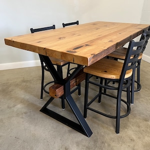 Counter Height Table Metal X Base with Wooden CrossBeam Dining Table Handcrafted Reclaimed wooden Top With 4x4 Cross Beam