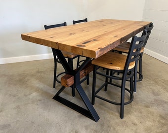 Counter Height Table Metal X Base with Wooden CrossBeam Dining Table Handcrafted Reclaimed wooden Top With 4x4 Cross Beam