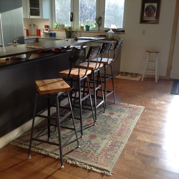 Reclaimed Urban Wood Swivel Seat Industrial Bar Stool Chair with Backrest,This is for (1) Stool, Choice of wood finish and height