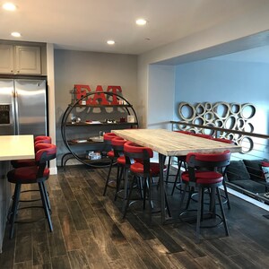 Bar Height/High Top  Reclaimed barn wood dining table with square steel base