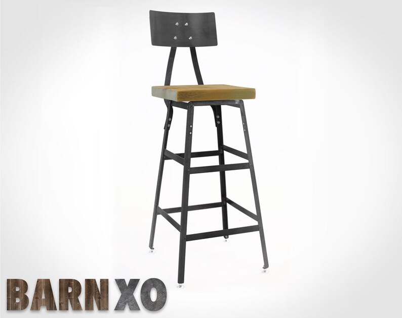 Urban Bar Stool Reclaimed Barn Wood Metal Backrest Etsy