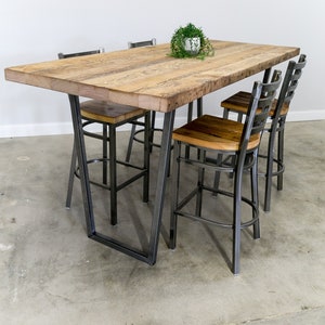 Solid Bar Height Reclaimed barn wood Pub Table with square steel base