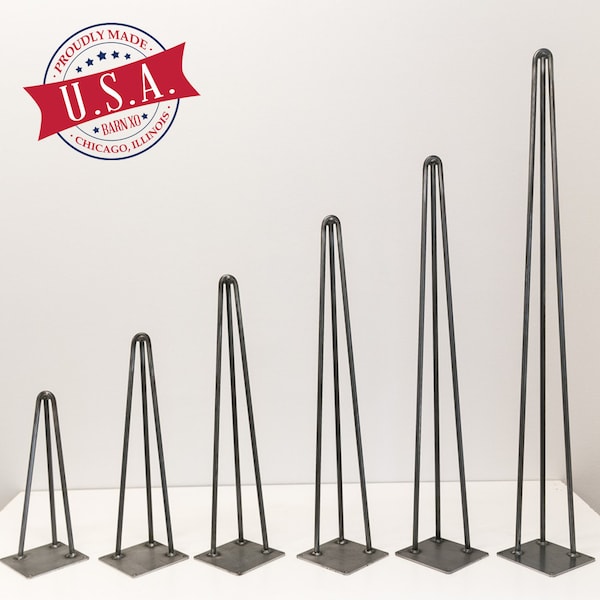 Metal Table Legs 3-Rod Hairpin Leg Base - Raw Steel Set of 4 Modern Industrial  - 12"High to 40"High Fast Shipping & Ships in 24 Hours