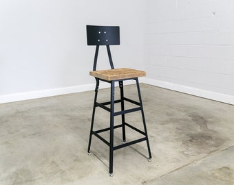 Urban Bar Stool | Reclaimed Barn Wood | Metal Backrest