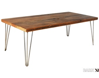 wood coffee table - made from  Solid reclaimed wood 1.5" thick top w/industrial hairpin legs