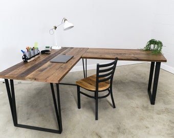 Desk,  Reclaimed  Solid Wood 1.5" top L shape Desk with  Custom Steel leg base