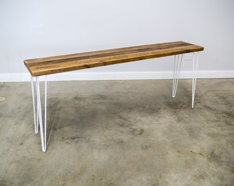 Entry Table, Hallway Table, 30"High, Wood Table, Powder Coated White Hair Pin Legs  , Reclaimed Wood, Choose Size and Finish,Made in the USA