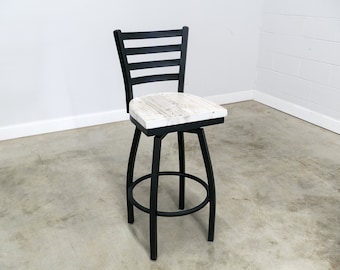 Reclaimed Wood Swivel Bar Stool Black Metal Finish | Ladder Back | Restaurant Grade - Fast Shipping