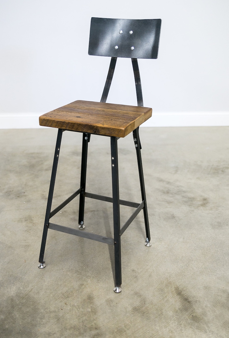 Urban Bar Stool Reclaimed Barn Wood Metal Backrest Etsy