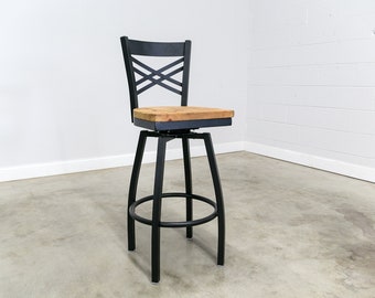 Reclaimed Wood Swivel Stool | X Back | Restaurant Grade - Fast Shipping
