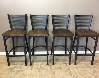 Counter Height Stools | Set of 4 | In  Black Ladder Back  | Rustic -25 Inch High - Island Height | Free Shipping