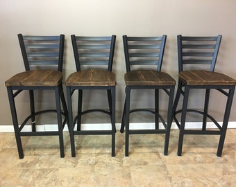 Set of 4 Rustic Counter Height Stools | Reclaimed Wood Seat, Black Metal