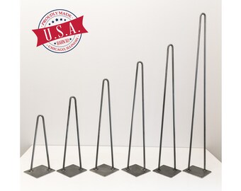 Metal Table Legs Set of (4) Modern Industrial 2-Rod Hairpin Leg Base, 12"High to 36"High, Made in the USA,  Ships in 48 Hours