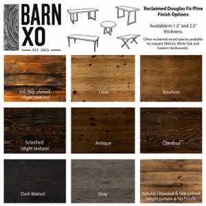 May include: Image showing reclaimed Douglas Fir/Pine finish options for tables. The image displays various wood finishes, including Oil, Clear, Bourbon, Scorched, Antique, Chestnut, Dark Walnut, Gray, and Natural. The text indicates the wood is available in 3.8 cm and 6.4 cm thickness.