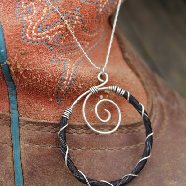 Sterling silver wire wrapped horse hair pendant necklace "The Center Ring"