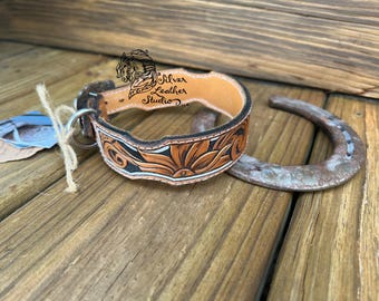 Collare per cani in pelle lavorato a mano -personalizzato- girasoli western bicolore