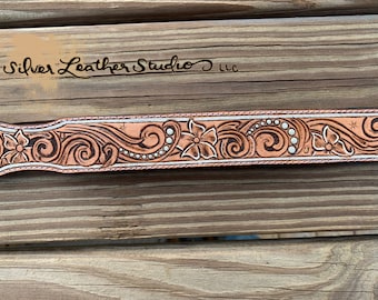 Hand tooled leather dog collar -custom- swirls and flowers