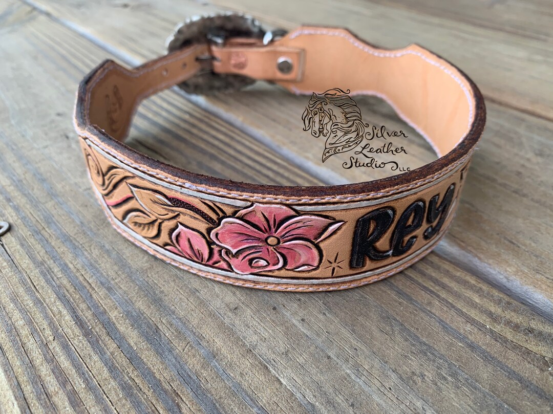 Hand Tooled Leather Dog Collar -custom- Swirls, Pink Flowers  display picture 2