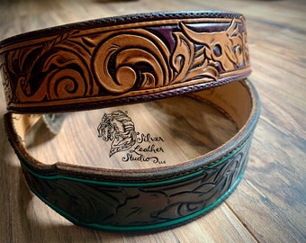 Hand tooled leather dog collar -custom- 2-tone western