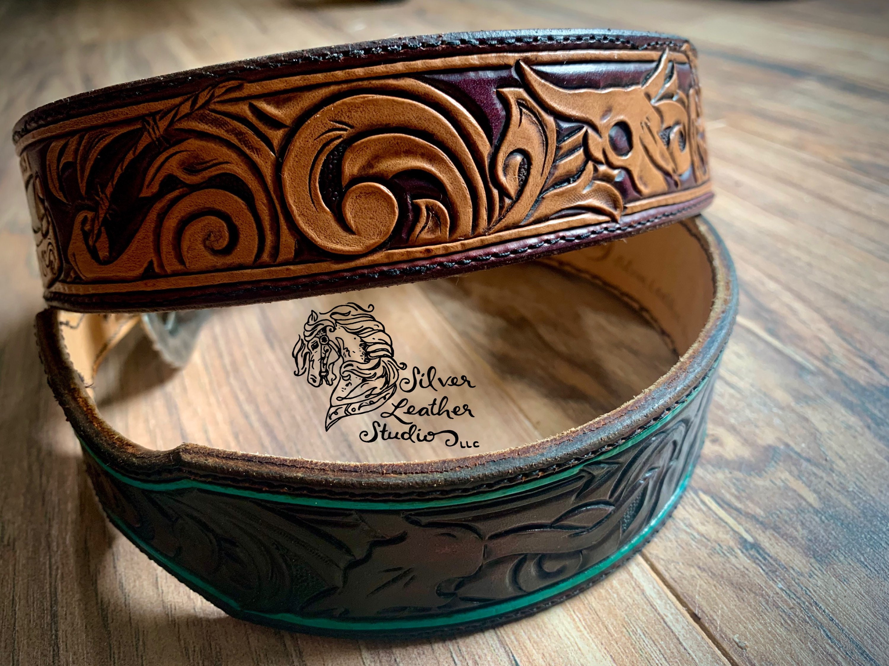 Collare per cani in pelle lavorato a mano - personalizzato - western bicolore